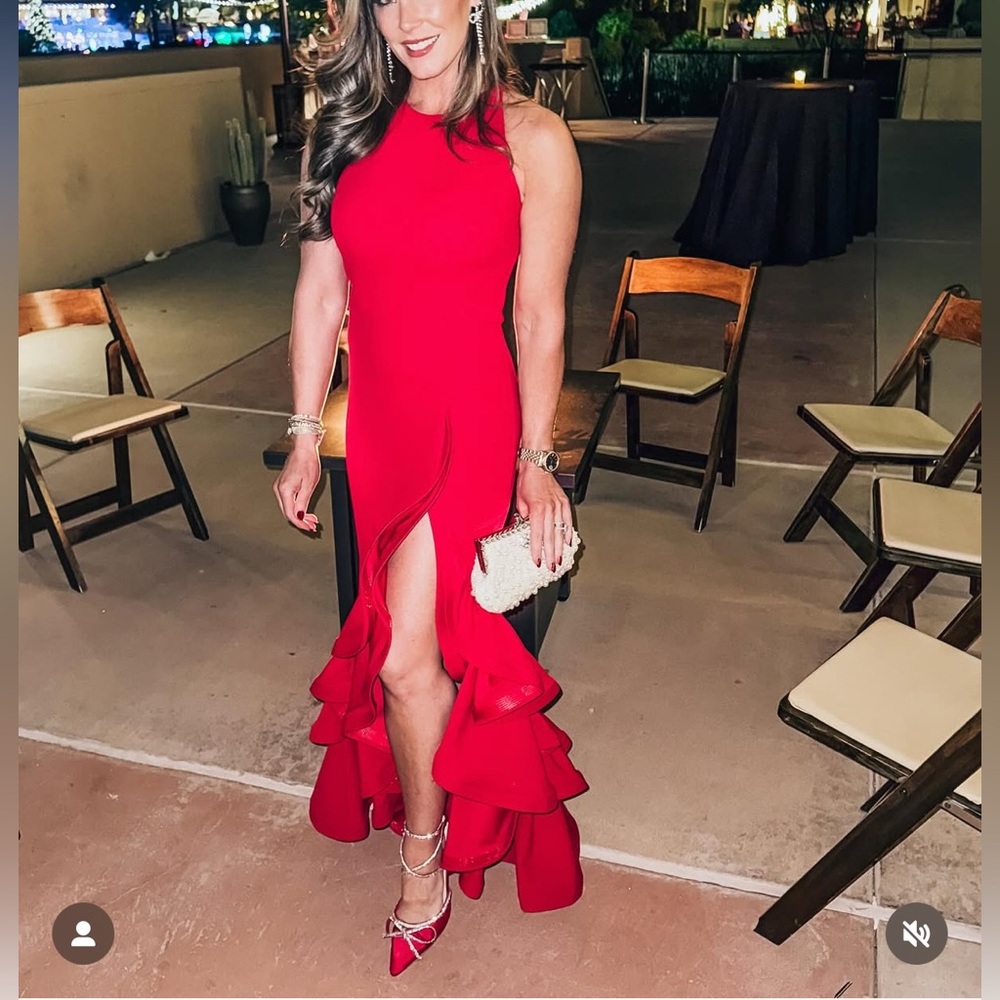 Betsy & Adam Red Asymmetrical Halter Gown